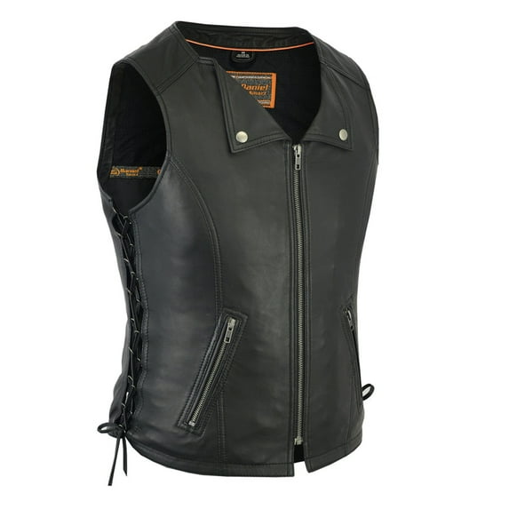 Daniel Smart Women’s snap Down Collar vest- Soft Lambskin Lightweight Sporty Leather Vest with Inside Pockets