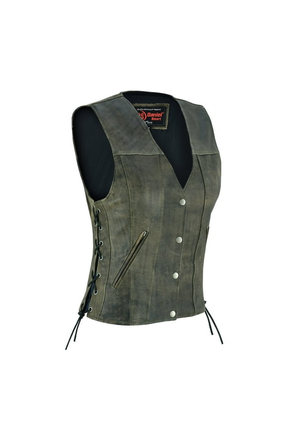 Daniel Smart XS to 5XL Brown Women’s Motorcycle Leather Vest Cowhide Ladies Leather Vest with Side Laces