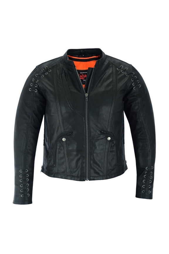 Daniel Smart XS to 5XL Classic Women Motorcycle Leather Jacket with Grommet Detailing Side Lacing