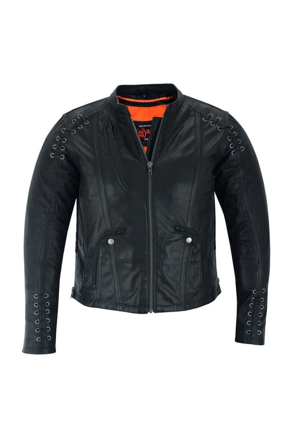 Daniel Smart XS to 5XL Classic Women Motorcycle Leather Jacket with Grommet Detailing Side Lacing
