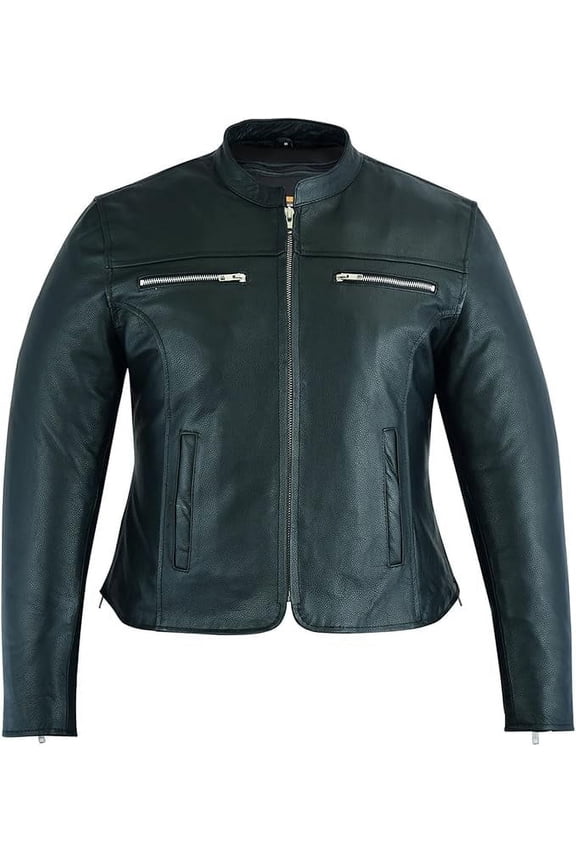 Daniel Smart XS to 5XL Classic Women Motorcycle Leather Jacket with Mandarin collar stripe detailing