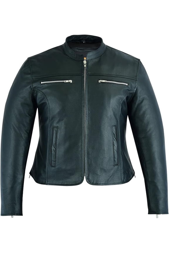 Daniel Smart XS to 5XL Classic Women Motorcycle Leather Jacket with Mandarin collar stripe detailing