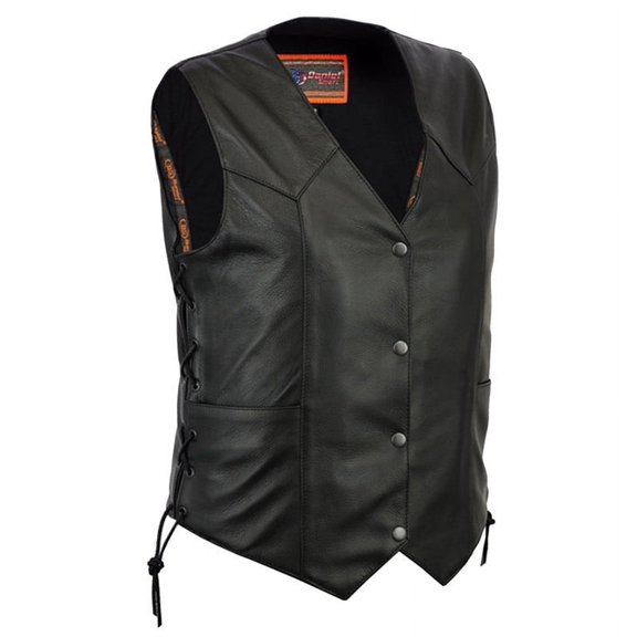 Daniel Smart XS to 5XL Women Black Leather Vest Classic V-Shaped Neck Front Snap Closure Motorcycle Vest