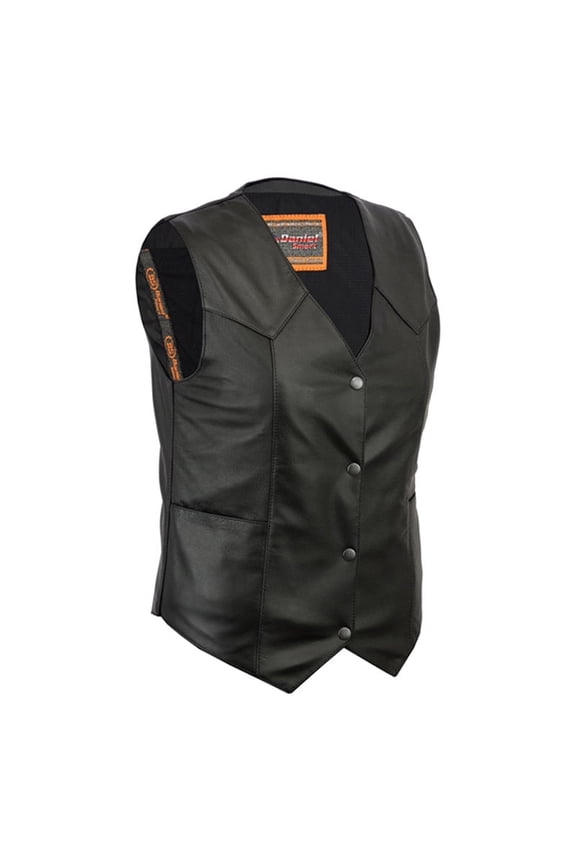 Daniel Smart XS to 5XL Women Black Leather Vest Classic V-Shaped Neck with Plain sides Front Snap Closure Motorcycle Vest