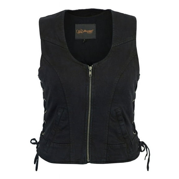 Daniel Smart XS to 5XL Women Denim Vest Round Shaped Neck Design Black Jean Motorcycle Vest with Side Laces