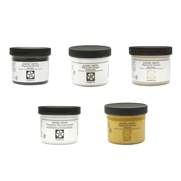 Daniel Smith Watercolor Ground - Sampler Set of 5 - 4oz Jars For Using Watercolors On Any Surface Mars Black, Pearlescent White, Buff Titanium, Transparent, Iridescent Gold