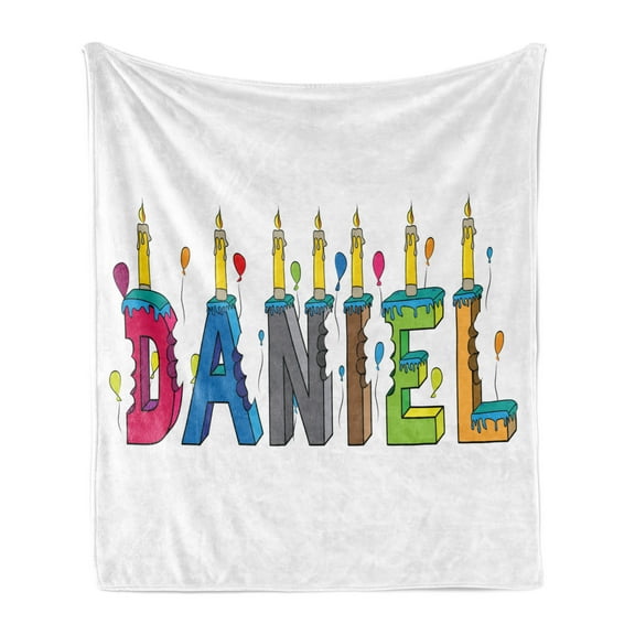 Daniel Soft Flannel Fleece Throw Blanket, Grooving Cheerful Male Name with Happy Occasion Birthday Theme Bite Marked Cake, Cozy Plush for Indoor and Outdoor Use, 50" x 60", Multicolor, by Ambesonne