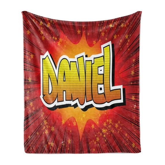 Daniel Soft Flannel Fleece Throw Blanket, Retro Backdrop with Stars and Pop Art Detail with American Boys Name, Cozy Plush for Indoor and Outdoor Use, 70" x 90", Red Orange and Yellow, by Ambesonne