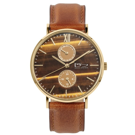 Daniel Steiger Natural Stone Tiger's Eye Men's Watch - Real Tiger's Eye Gemstone Dial- Gold Plated Premium Grade Stainless Steel - Brown Leather Strap - Water Resistant