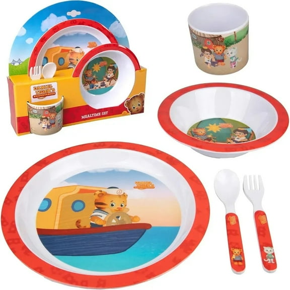 Daniel Tiger 5 Pc Mealtime Feeding Set for Kids and Toddlers - Includes Plate, Bowl, Cup, Fork and Spoon Utensil Flatware - Durable, Dishwasher Safe, BPA Free (Red)