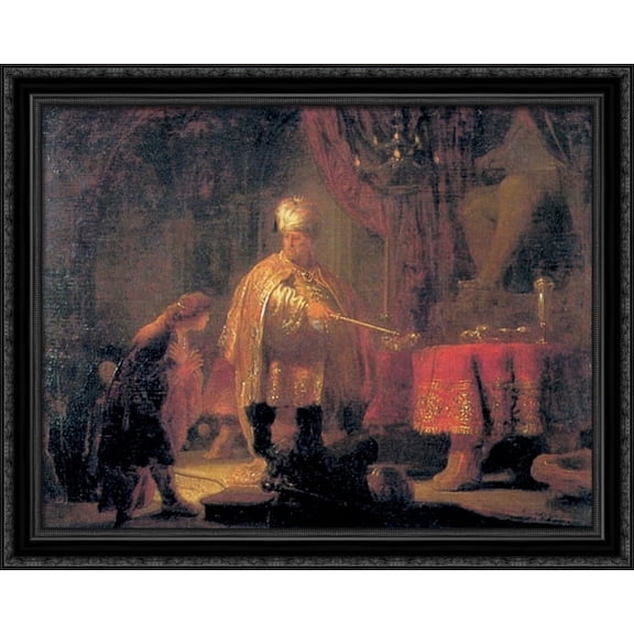 Daniel and King Cyrus in front of the Idol of Bel 36x28 Large Black Ornate Wood Framed Canvas Art by Rembrandt