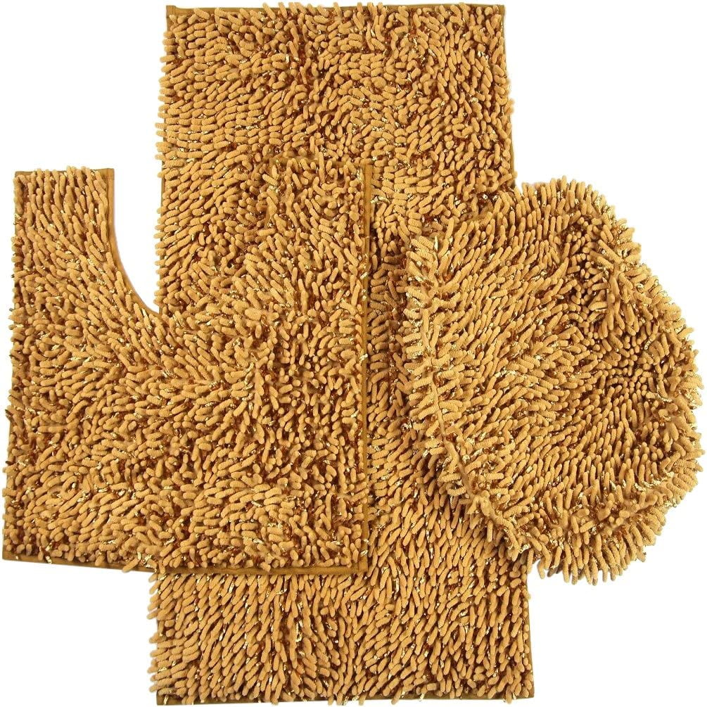 Daniel's Bath Daniel's Bath & Beyond 3 Piece Set with 20" x 31" Bath Contour Mat and 20" x 18" Lid, Chenille and Shiny Gold