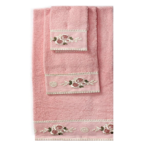 Daniel's Bath Rose Flower Lace Cotton Towel Sets, Pink, 3 Count