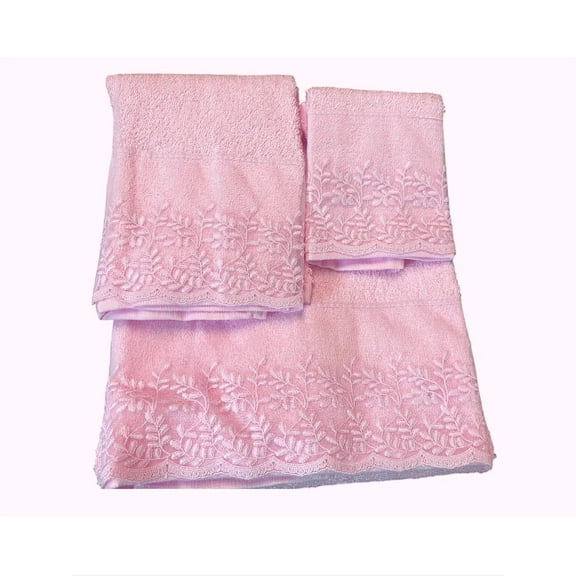 Daniel's Daisy Flower Lace Cotton Blend Bath Towel Sets, Pink, 3 Count
