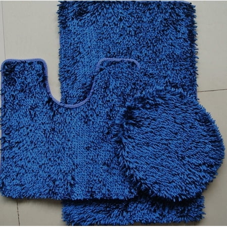 Daniel's Linens Modern Solid Shag Chenille Bath Rugs, 3 Piece Set Includes 1 Area Rug, 1 Contour Rug and 1 Lid Cover, Navy Blue