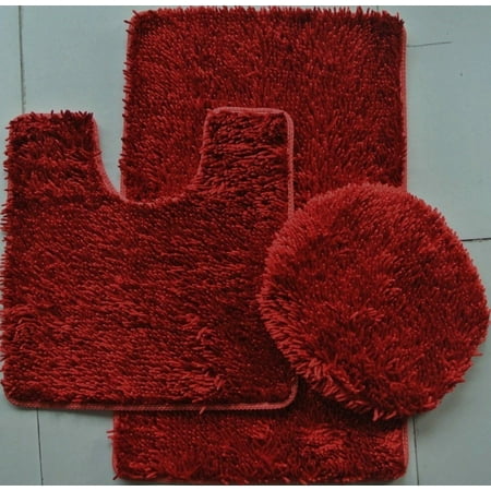 Daniel's Linens Solid Print Burgundy Chenille Bath Rugs Set, 18 x 30 in, Machine Washable 3 Count