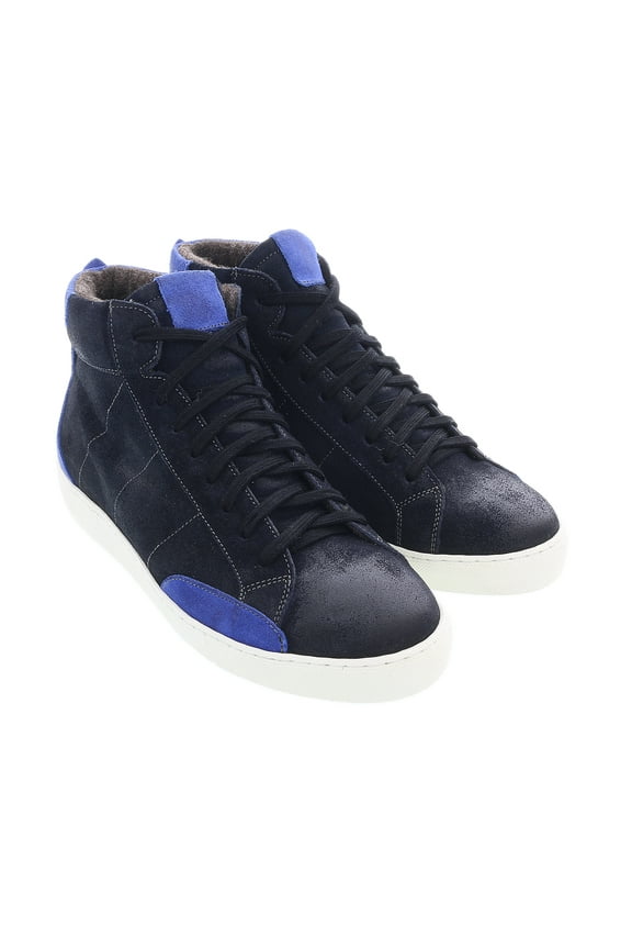 Black Blue Suede Mid Top Distressed Leather Fashion Sneakers-10 for Womens