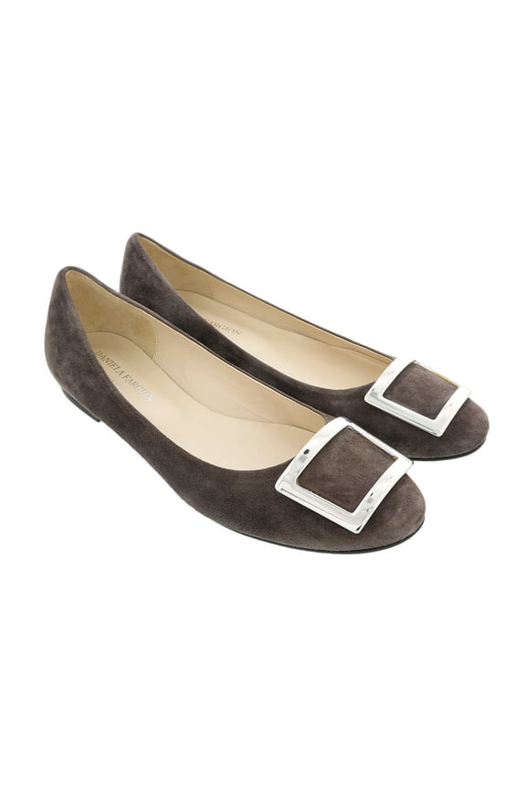 Brown/Silver Suede Square Buckle Flat Ballerina Shoes-8 for Womens