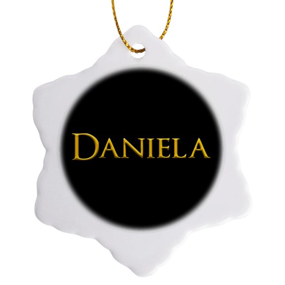 3drose, Daniela Popular Female Baby Name in the America. Yellow on Black Gift, 3 inch Snowflake Porcelain Ornament