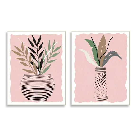 Daniela Santiago Eccentricic Tropical Fern Leaves Abstract Plant Vase 10" x 15" Framed Painting Art Prints, by Stupell Home Décor Set of 2