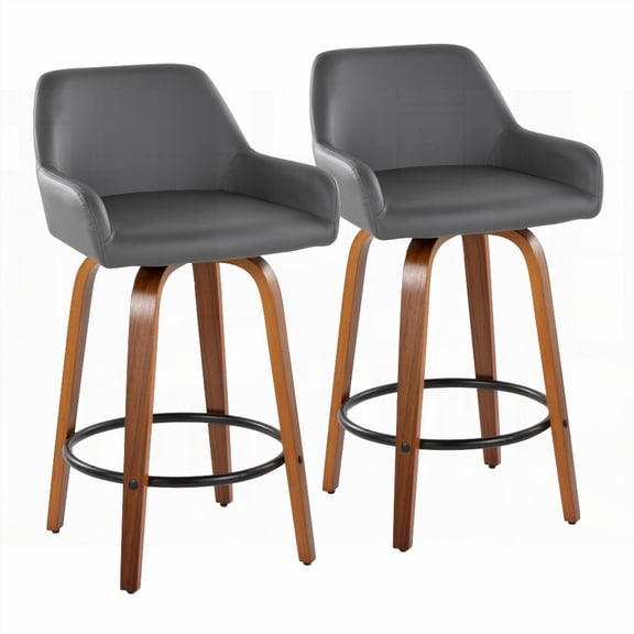 Daniella 2-Piece Contemporary Walnut Wood & Grey Faux Leather Fixed-Height Counter Stool with Round Black Metal Footrest