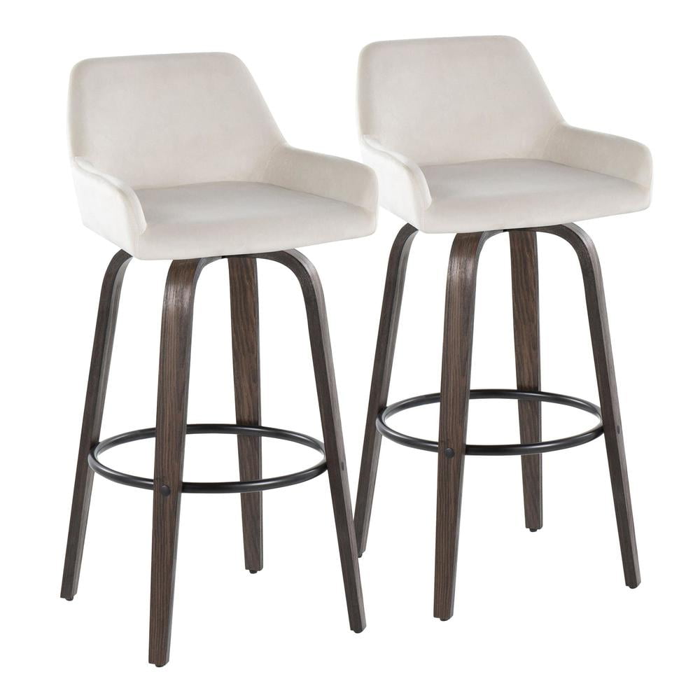 Daniella 30" White Velvet and Walnut Swivel Barstools - Set of 2