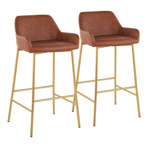 Daniella Contemporary Glam Fixed-Height Bar Stool In Gold Metal And Camel Faux Leather - Set Of 2