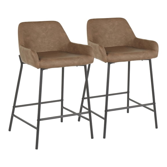 Daniella Industrial Counter Stool In Black Metal And Espresso Faux Leather - Set Of 2