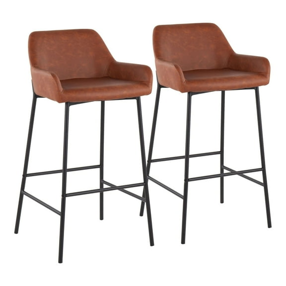 Daniella Industrial Fixed-Height Bar Stool In Black Metal And Camel Faux Leather - Set Of 2