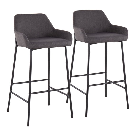 Daniella Industrial Fixed-Height Bar Stool In Black Metal And Charcoal Fabric - Set Of 2