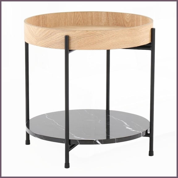 Daniella Modern Mixed Material Coffee Table - Natural Wood Top, Faux Marble Shelf, Black Metal Frame for Any Room