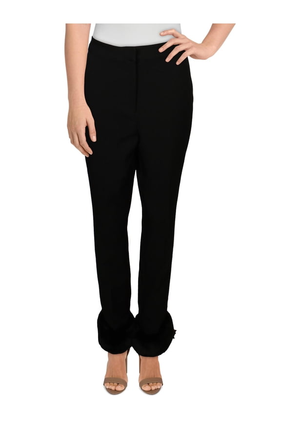 Womens Faux Fur Trim Slim Straight Leg Pants