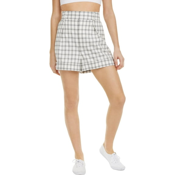 Danielle Bernstein Women's Pockets Pleated Plaid Shorts Ivory (Ivory Plaid, 14)