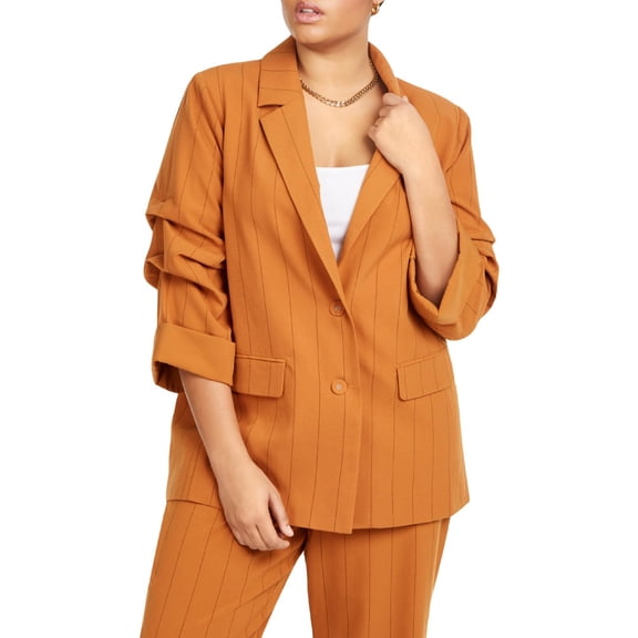Danielle Bernstein Womens Plus Pinstripe Two-Button Blazer Orange 2X