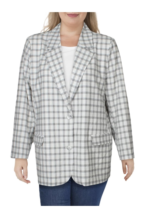 Womens Plus Woven Plaid Boyfriend Blazer Ivory 3X