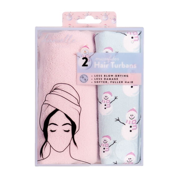 Danielle Creations Holiday Microfiber Hair Towels, Pink & Snowman Print, 2pk, Adult Sized