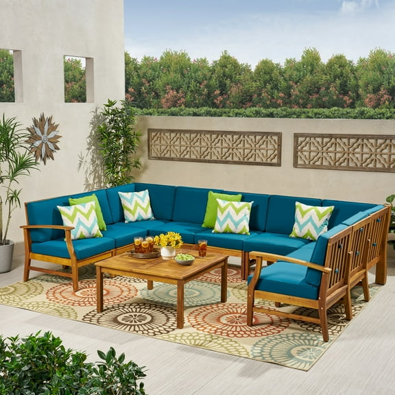 Danielle Outdoor 10 Piece Acacia Wood Sectional Sofa Set with Cushions, Teak, Blue