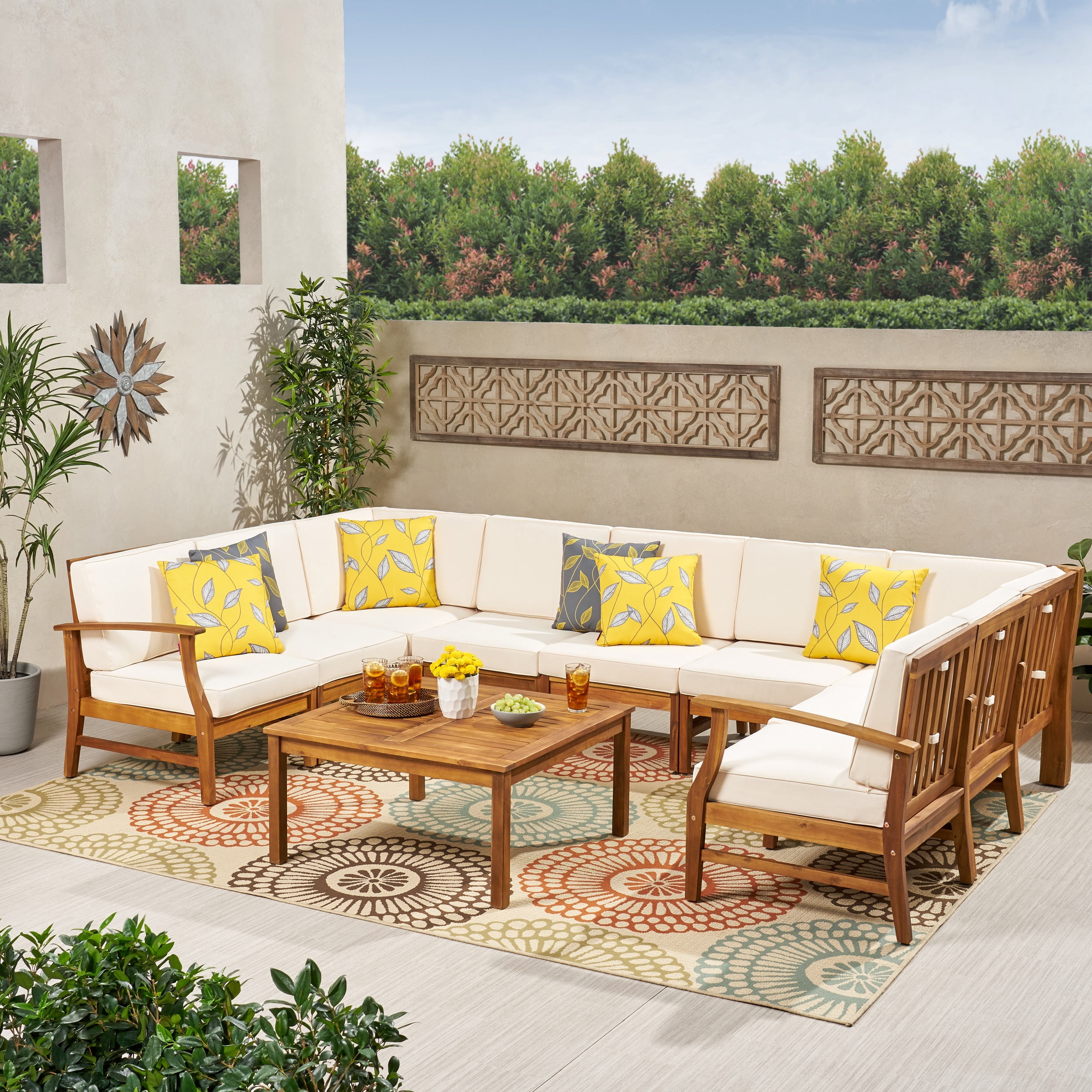 Danielle Outdoor 10 Piece Acacia Wood Sectional Sofa Set with Cushions ...