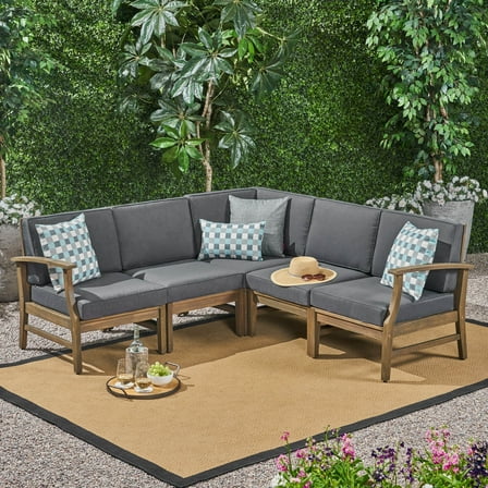 Danielle Outdoor 5 Piece Acacia Wood Sectional Sofa Set, Gray and Dark Gray