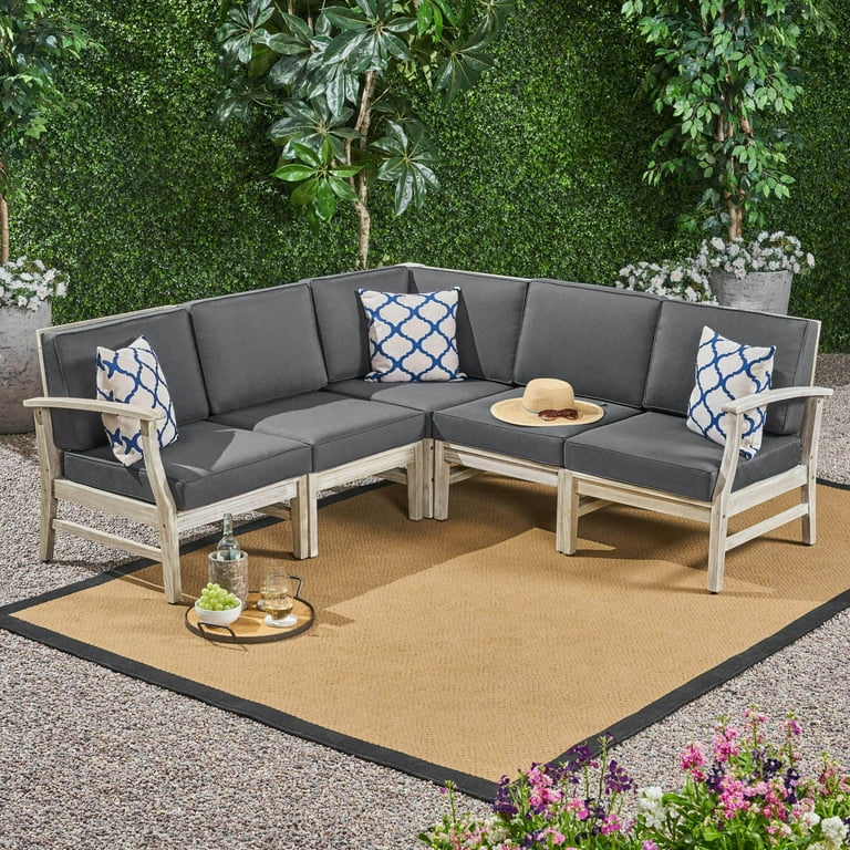 Danielle Outdoor 5 Piece Acacia Wood Sectional Sofa Set Light Gray and Dark Gray