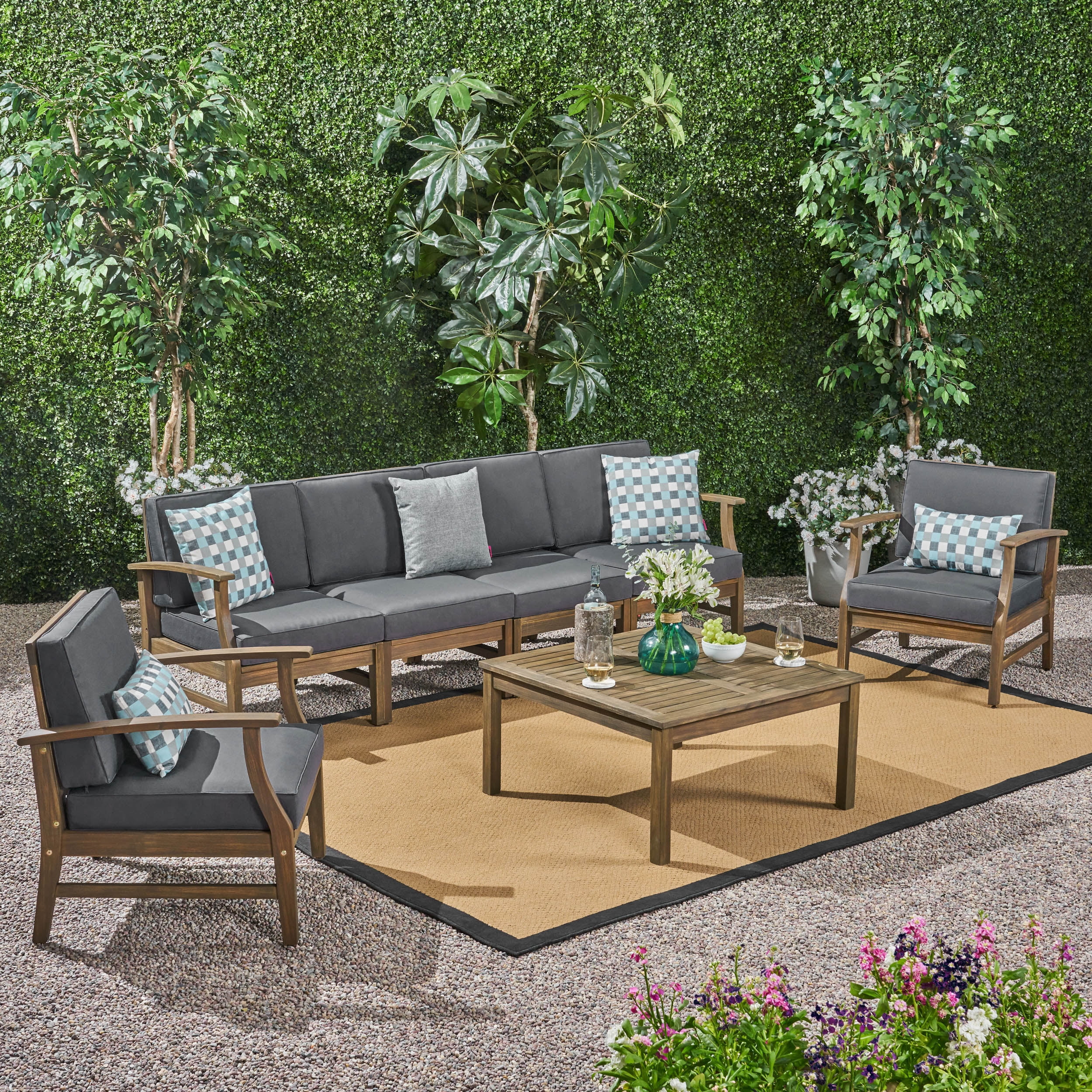 Danielle Outdoor 7 Piece Acacia Wood 6-Seater Sofa and Club Chairs Set, Gray and Dark Gray