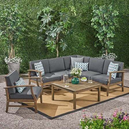 Danielle Outdoor 7 Piece Acacia Wood Sofa Set with Cushions, Gray, Dark Gray