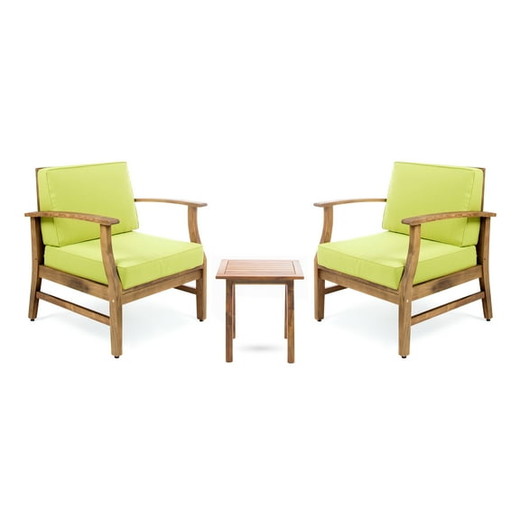 Danielle Outdoor Acacia Wood 2 Seater Chat Set with Cushions, Teak and Green