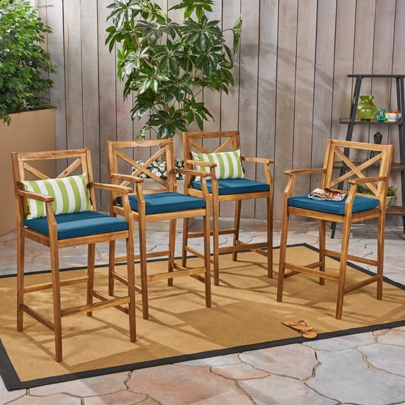 Noble House Perla Outdoor Acacia Wood Barstools Teak and Blue (Set of 4)