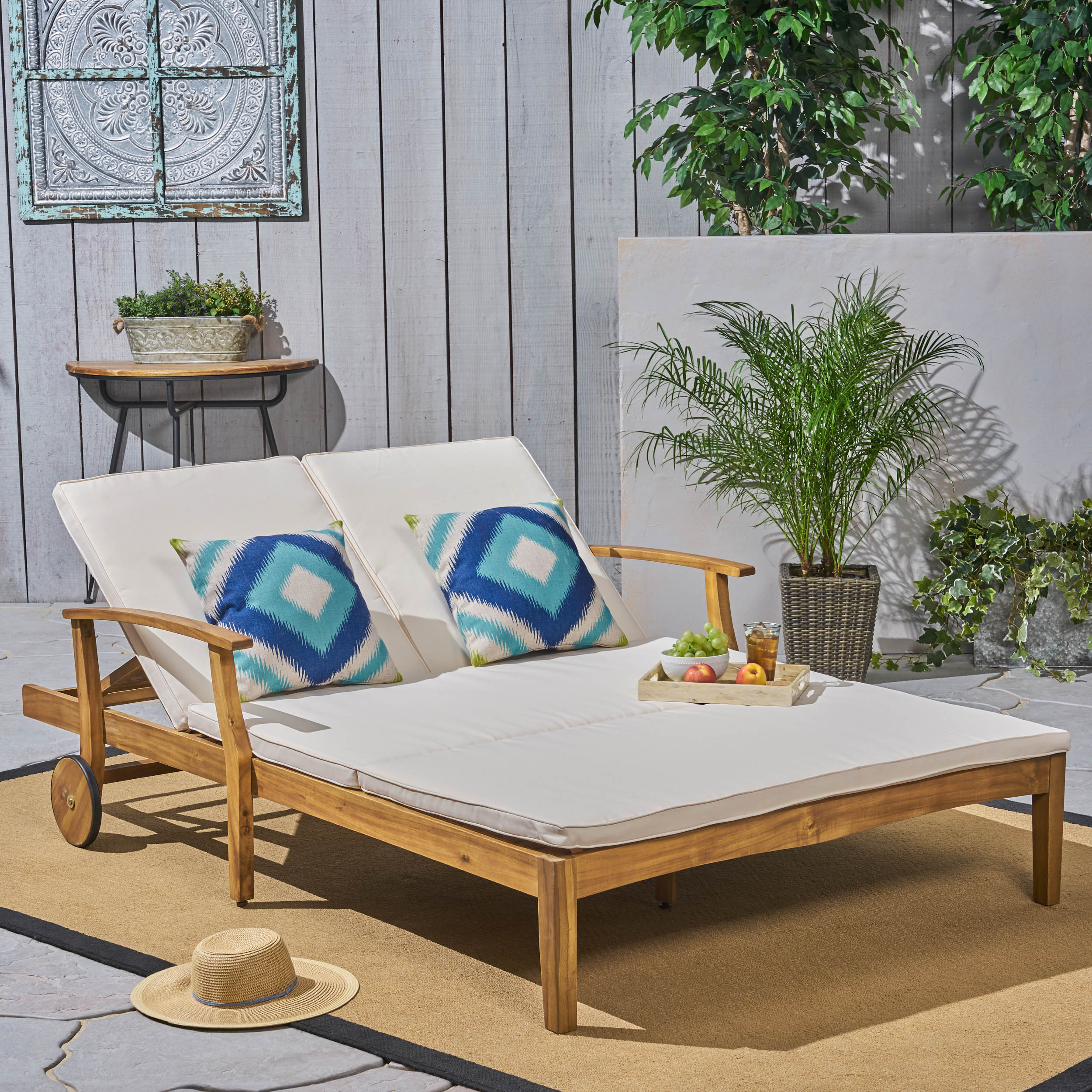 Danielle Outdoor Acacia Wood Double Chaise Lounge with Cushion, Teak, Cream - image 1 of 6
