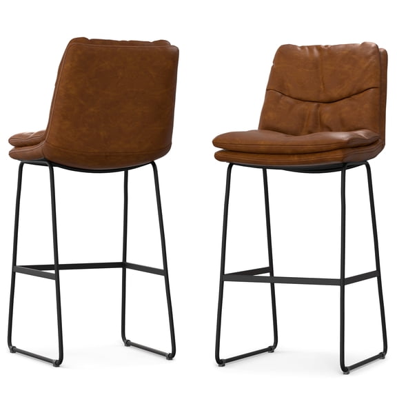 Simpli Home Danika Mid Century Modern Bar Stool (Set of 2) in Camel Brown Vegan Faux Leather