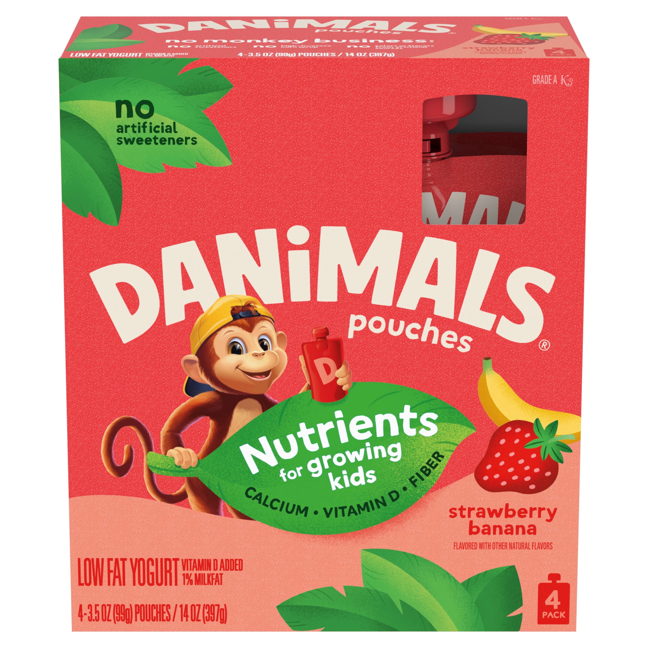 Danimals Pouches Strawberry Banana Squeezable Low Fat Yogurt Pouches​, 3.5 oz, 4 Count