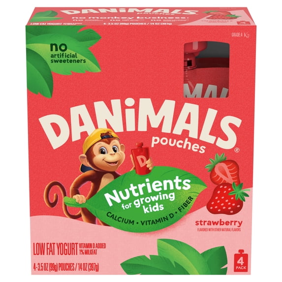 Dannon Danimals Lowfat Yogurt 4 pk Pouches - Strawberry, 3.5 oz