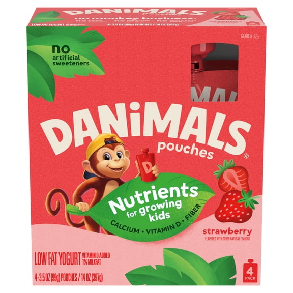 Danimals Pouches Strawberry Squeezable Low Fat Yogurt Pouches, 3.5 oz, 4 Count