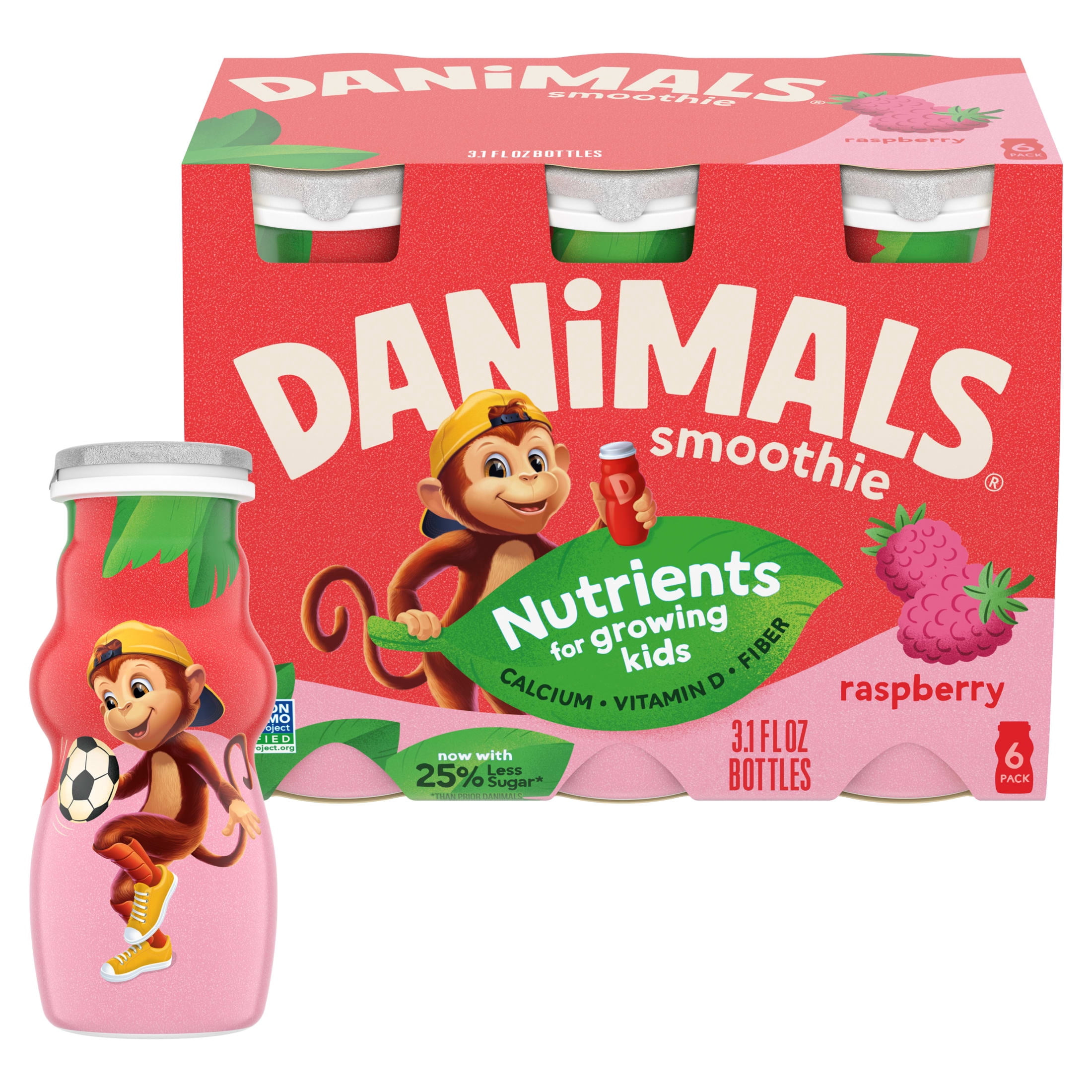 Danimals Smoothie Raspberry Low Fat Dairy Drink Smoothie Bottles Multi-Pack, 3.1 fl oz, 6 Count​